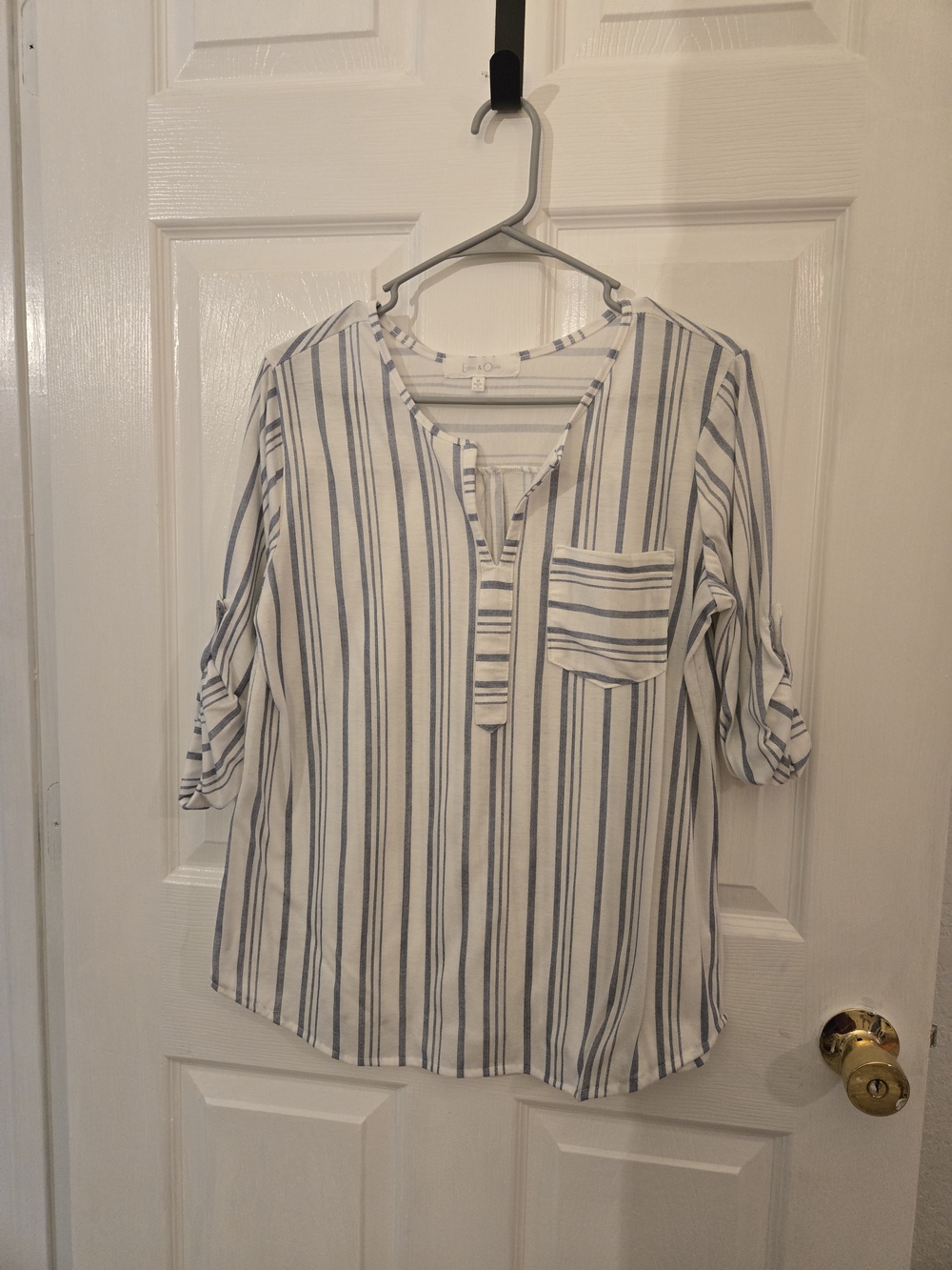 Eden & Olivia White Tunic with Navy Vertical Stripes